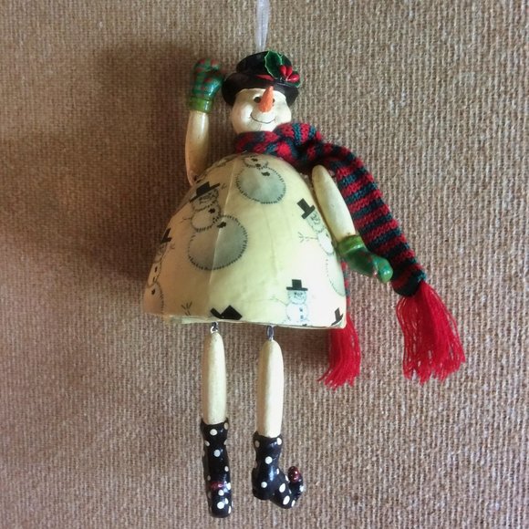 Snowman Ornament Shelf Sitter Paper Mache Striped Scarf Mittens Elf Shoes - Picture 1 of 7